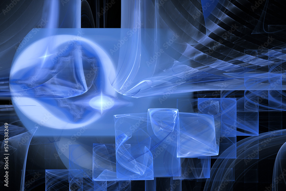 Poster blue veils of geometric shapes create an airy pattern against a black background. abstract fractal b