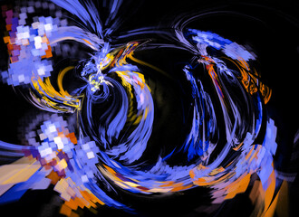 Blue, yellow and orange swirls and patterns of small squares on a black background. Abstract fractal background. 3D rendering. 3D illustration.