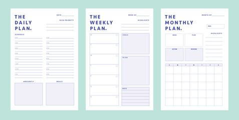 3 set of Daily, Weekly, Monthly Planner template. Make your day more easily and happy. Vector template.