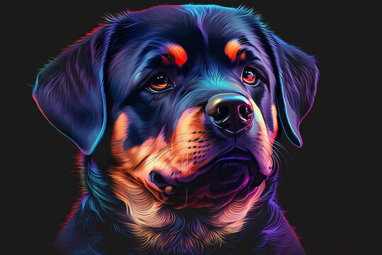 Rottweiler in neon colors. Generative AI.