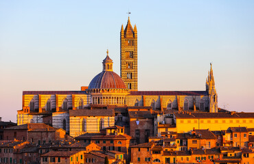 Fototapeta premium Bell Tower and Cathedral of Siena in Tuscany of Italy at sunset