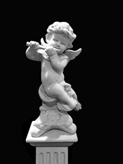 Vintage Cupid Boy angel staute playing a flute interior statue for decoration on black , Flying cherub or angel holding a musical instrument. Valentines, romance, love, Christmas, religion concepts,