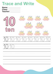 Number ten tracing practice worksheet with ten baby dragons sleeping on the cloud for kids learning to count and to write. Vector Illustration. Exercise for children to recognize the number.