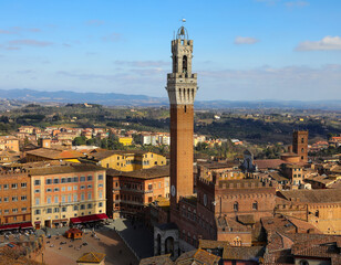 Fototapeta na wymiar Top view of Siena in ITALY with the Tower called DEL MANGIA and the Palio square