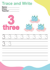Number three tracing practice worksheet with three baby dragons sleeping on the cloud for kids learning to count and to write. Vector Illustration. Exercise for children to recognize the number.