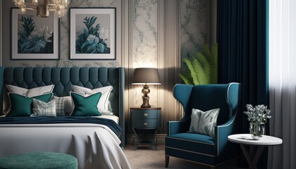 Hotel luxury suite, bedroom interior, double bed room, comfortable furnirture. Generative AI