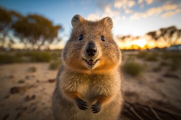 A cute smiling quokka is looking at the camera at sunset. Australian fauna. Photorealistic illustration generated by AI.