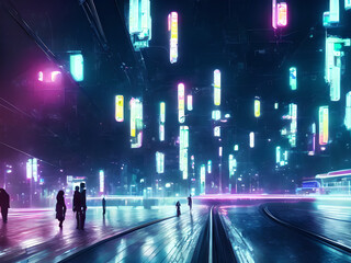 Future urban night with neon light, people walking with metro rails and stations, sci-fi and tokyo style, Generative AI