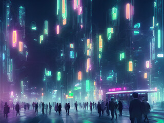 Future urban night with neon light, people walking with metro rails and stations, sci-fi and tokyo style, Generative AI