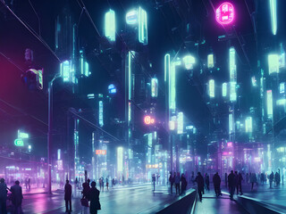 Future urban night with neon light, people walking with metro rails and stations, sci-fi and tokyo style, Generative AI