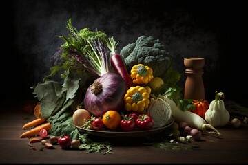 Fototapeta na wymiar Varied vegetables placed on table, Generative Ai