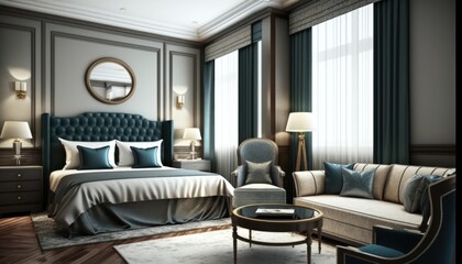 Hotel luxury suite, bedroom interior, double bed room, comfortable furnirture. Generative AI