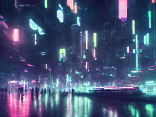 Future urban night with neon light, people walking with metro rails and stations, sci-fi and tokyo style, Generative AI