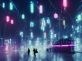 Future urban night with neon light, people walking with metro rails and stations, sci-fi and tokyo style, Generative AI