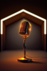 Studio microphone illustration for podcast, colorful gradient background. Generative AI