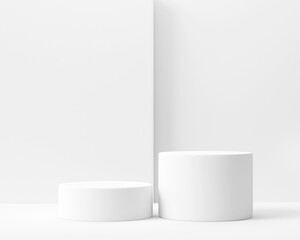  White podiums on an abstract, minimalistic background. Geometric shapes for a modern pedestal to show cosmetics. Empty space mockup for design. Studio platform template with 3D render.