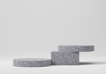 Firmly step onto a concrete podium on a white background. Abstract podium vista with geometrical figures. Scene to exhibit cosmetics products demonstration. Mock up design 3D rendering.