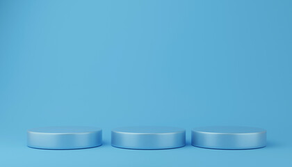 Abstract minimalistic Blue background with podiums. Geometrical shapes to create a modern pedestal to exhibit cosmetics. Mockup design with empty space template. Studio platform and 3D render 