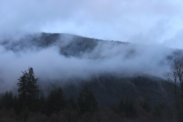 View of the top of the mountain. Clouds over the mountain. British Columbia. Canada.