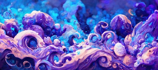 Fototapeta na wymiar Abstract sea foam splash bubbles, detailed turbulent ocean waves surf. Vivid watercolor purple and blue grungy texturing, bokeh blur background glitter and sparkle - generative AI.