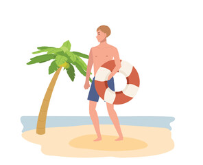 summer beach vacation theme. A man in swim suit holding swim ring , life ring on the beach. Flat Vector illustration