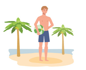 summer beach vacation theme. A happy smiling man in swim suit holding beach ball. Flat Vector illustration