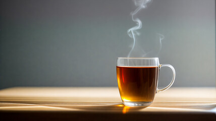 Cup of tea with steam on table (wooden / wood)  / Glas / Fancy Glas / black tea / Place for Text / Copy Space / Blank Text