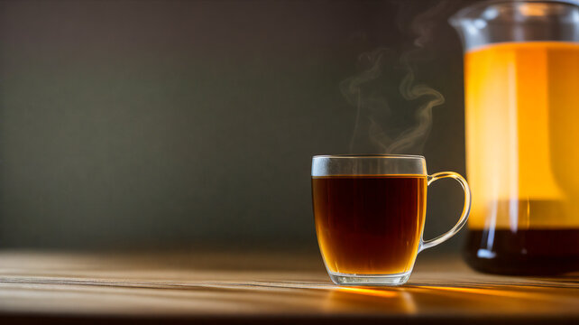 Cup of tea with steam on table (wooden / wood)  / Glas / Fancy Glas / black tea / Place for Text / Copy Space / Blank Text