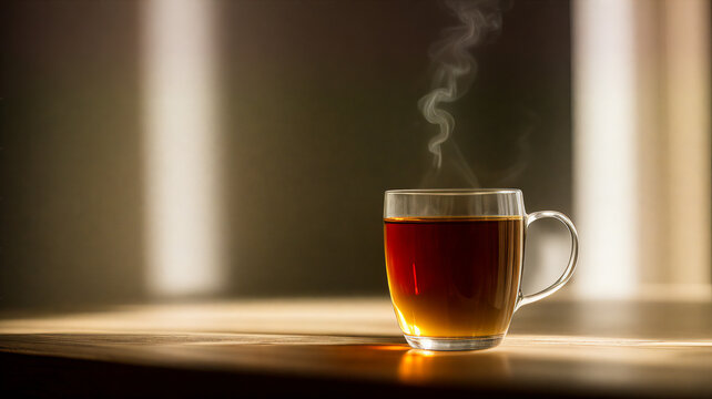 Cup of tea with steam on table (wooden / wood)  / Glas / Fancy Glas / black tea / Place for Text / Copy Space / Blank Text