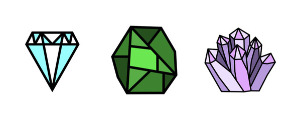 Jewel gemstones. Jewelry crystal gems, diamond jewel precious gemstone, luxury brilliant gems. Crystal jewels vector illustration icons set. 