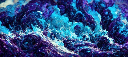Fototapeta na wymiar Abstract sea foam splash bubbles, detailed turbulent ocean waves surf. Vivid watercolor purple and blue grungy texturing, bokeh blur background glitter and sparkle - generative AI.