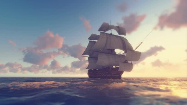 Sailing Galleon Sunset 3D Video Animation