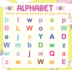 Search and circle the uppercase and lowercase of every W letter on the worksheet. Learning the alphabet for kindergarten and preschool children. Colorful and printable page. Educational worksheet. 