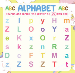 Search and circle the uppercase and lowercase of every Z letter on the worksheet. Learning the alphabet for kindergarten and preschool children. Colorful and printable page. Educational worksheet. 