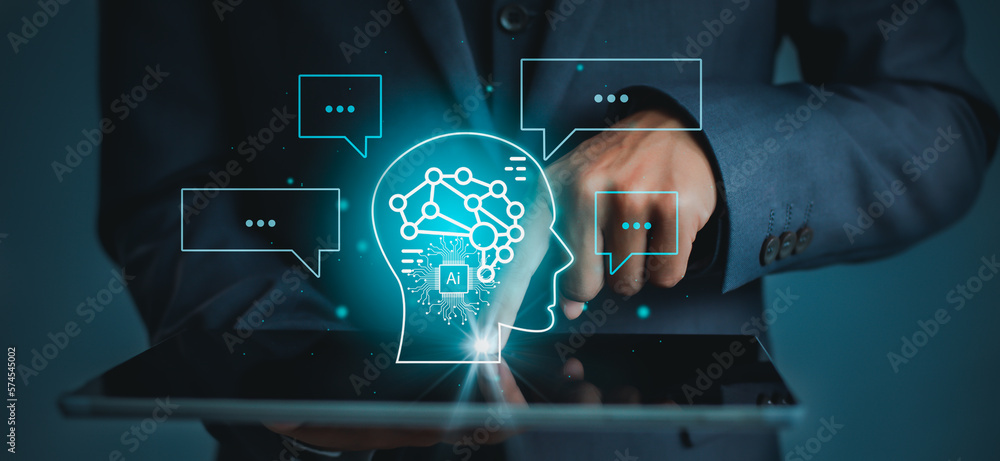 Poster businessman using chatbot in tablet intelligence ai.chat gpt chat with ai artificial intelligence, d