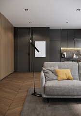 Modern room interior design and decoration. Fabric beige color sofa with grey and yellow pillows, grey carpet and wooden parquet floor. 3d rendering vertical