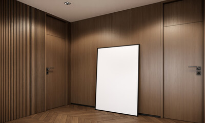 3d rendering, frame mockup, poster mockup, blank frame in room wood wall and parquet floor.