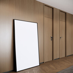 3d rendering, frame mockup, poster mockup, blank picture frame in room wood wall and parquet floor.