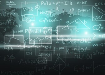 Mathematical equations on dark map background