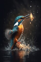 Beautiful kingfisher catching a fish, cinematic lighting. Spectacular photo of nature.