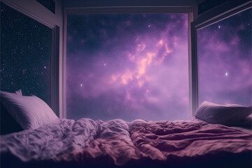 a bedroom looking out into the galaxy, purple and lavender dreamscape, dreamlike cozy bed viewing a bright lilac nebula. Ethereal Generative AI. 