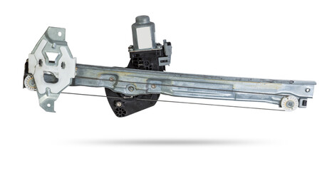 Electric window mechanism for a car on a white isolated background. Automotive spare parts catalog.