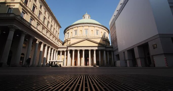 Dramatic front view of Piazza San Carlo in Milan, Italy. Covid pandemic. One person.