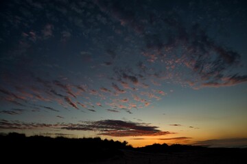 Dramatic sunset in a Spanish landscape with palm trees and other trees visible on the horizon, the cloudy sky shines in bright, deep orange and golden colors.