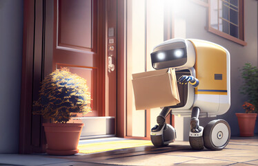 Robot deliver a parcel in front of home door - 574548028