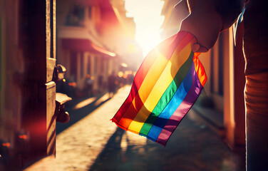LGBT flag holding with sun light - 574548037