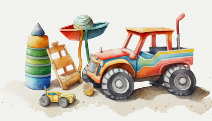 Children's toys at the beach - Summer - Watercolor - Generative AI Art