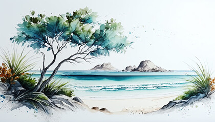Tropical beach landscape - Summer - Watercolor - Generative AI Art