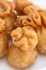 Kalash Gujiya Or Potli Gujia Meetha Also Called Pirukiya, Pirukia, Pedakiya, Karanji, Basundi, Gughra MIthai Is Made Of Suji Ghee Filled With Mawa Khoya Chasni Mava Khoa On Deepawali, Teez, Holi, Teej