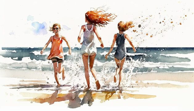 Children playing at the beach - Summer - Watercolor - Generative AI Art